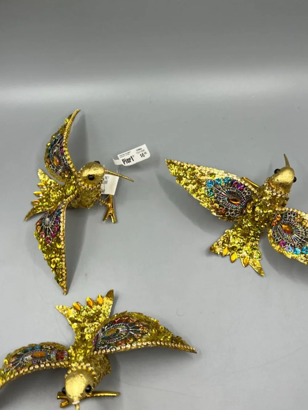Pier 1 Hummingbird Clip On Ornament Red/Gold Sequins Rhinestone Lot of 3 Glitter